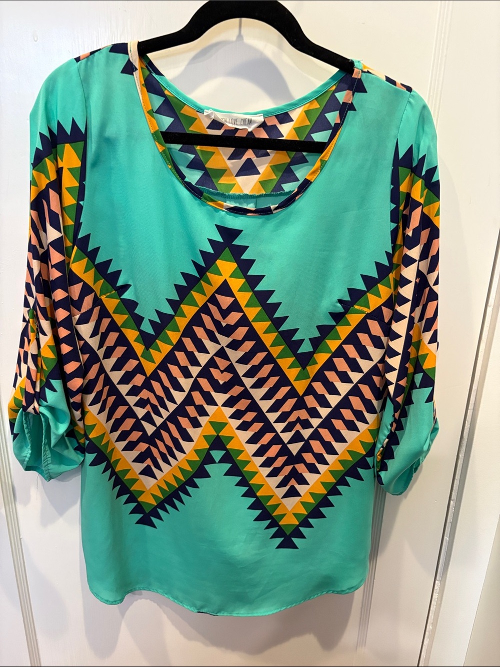 Turquoise Aztec Print Roll-Sleeve Blouse BN507